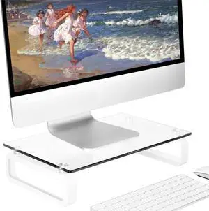 Clear Computer Monitor Stand Riser Multi Media Desktop Stand for Flat Screen LCD LED TV Laptop/Notebook with Tempered Glass and Metal Legs HD02T-001