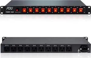 10 Outlet Horizontal 1U Rack Mount PDU Power Strip - Surge Protection,10 Individual Led SwitchesAC 100V-240V-15A.for Network Server Racks, 6 Feet Heavy Power Cord