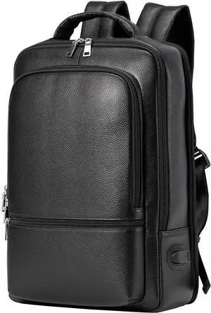 15.6 Inch Genuine Leather Laptop Backpack for Men Women, Business Travel Backpack Hiking Rucksack Daypack (4#Black)