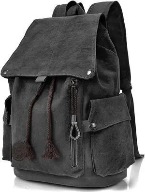 Canvas Backpack Vintage Backpack Black Daypack for Men Women Laptop Travel Rucksack