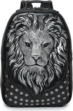 3D Lion Leather Laptop Backpack Unique Designer Fashion Travel Rivet Punk Backpack (Black S)