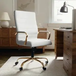 EMMA + OLIVER High Back White Faux Leather Executive Office Chair | Gold Base, Height Adjustable, 360° Swivel, Padded Seat and Armrests EMMA + OLIVER High Back White Faux Leather Executive Office Chair | Gold Base, Height Adjustable, 360° Swivel, Padded Seat and Armrests