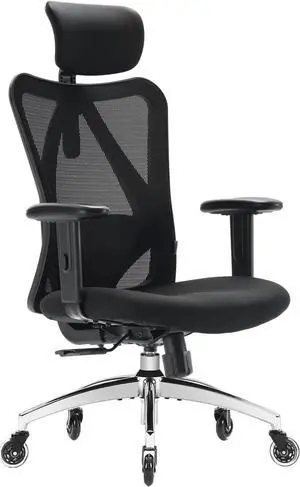 Ergonomic Office Chair, Mesh Computer Desk Chair with Adjustable Sponge Lumbar Support, Thick Cushion, PU Armrest and Headrest, High Back Swivel Home Office Task Chair for Work (Black)