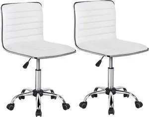 Yaheetech Adjustable Task Chair PU Leather Low Back Ribbed Armless Swivel Desk Chair Office Chair Wheels White, Set of 2