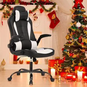 White Gaming Chair, Ergonomic High Back Executive Office Chair with Flip-Up Arms, Adjustable Height, PU Leather, 300 lbs Weight Capacity White Gaming Chair, Ergonomic High Back Executive Office Chair with Flip-Up Arms, Adjustable Height, PU Leather, 300 lbs Weight Capacity