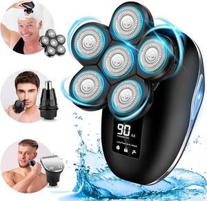 Electric Head Shaver for Bald Men, 6 in 1 Mens Electric Head Razor Bald Head Shaver Cordless Electric Razor Men, IPX7 Wet/Dry Waterproof Skull Shaver with Head Shaver Kit LED Display Blue
