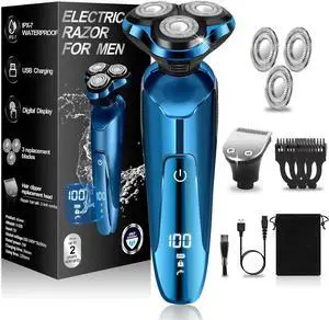 Electric Razor for Men,Mens Electric Shavers Rotary,LED Display 100% Waterproof Cordless Razor, Wet/Dry Shaving,Shaver for Men Replaceable Blades Portable Travel Razors
