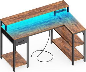 SUPERJARE 47 inch Reversible L Shaped Desk with LED Lights & Power Outlets, Computer Desk with Shelves & Monitor Stand, Gaming Desk with Drawer, Home Office Desk Corner Desk, Rustic Brown
