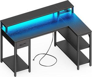 SUPERJARE 47 inch Reversible L Shaped Desk with LED Lights & Power Outlets, Computer Desk with Shelves & Monitor Stand, Gaming Desk with Drawer, Home Office Desk Corner Desk, Black