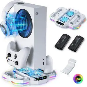 Cooling Fan Stand for Xbox Series S with RGB Light Strip, Wiilkac Upgraded Dual Controllers Charging Dock Accessories with 2 X 1400mAH Rechargeable Battery Pack, Headset Hook & USB Ports - White