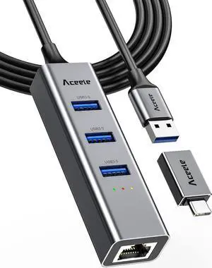 Aceele USB C to Ethernet Adapter, 3.3ft Long Cable, Aluminum USB-C Hub with 4 USB 3.0 Ports, Thunderbolt 3/USB-C to RJ45 Gigabit Ethernet LAN Network Adapter Multiport for MacBook Pro/Air, iPad Pro