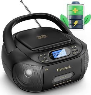 CD Cassette Player Combo, Hernpark Rechargeable Boombox with Bluetooth 5.1, Tape Recording, FM Radio, Super Bass, Stereo Sound, Aux/USB Drive, Headphones Jack, Boom Box for Indoor Outdoor