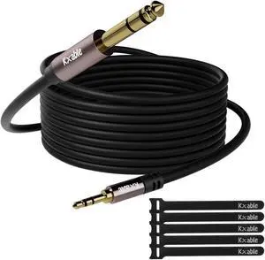 3.5mm to 6.35mm Stereo Audio Cable 25 Feet Long 1/4 to 1/8 inch Headphone Cable Jack Hi-Fi Sound Gold Plated Connectors OFC Core Black Cable (with 5 pcs Cable Ties) - 25ft