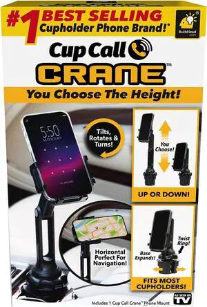 BulbHead Phone Crane Mount for Car, As Seen On TV, Ultra-Long Arm Raises Over a Foot Higher, Drive Safer, 360° Rotation, Vertical & Horizontal Adjustment, Twistable Base Fits Any Cupholder