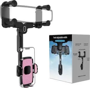 JDHDL Phone Mount for Car, Rear View Mirror Phone Holder, Rotatable and Retractable Car Phone Holder Mount Rearview Mirror Phone Holder for Car Compatible with iPhone Samsung Cell Phones (Pink)