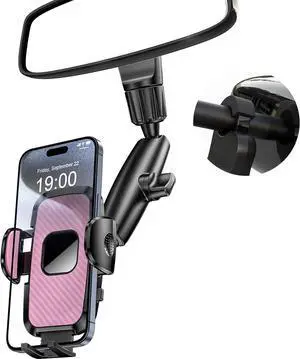 JDHDL Rear View Mirror Phone Holder, 360° Rotating Car Phone Holder Mount Compatible with All 4-7 Inch iPhone and Android Cell Phones (Pink)