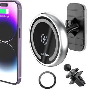 Magnetic Wireless Car Charger Mount MAGJIEYX Compatible with Magsafe iPhone 15,14 Pro Max,13, Plus 12, Mini,Airpods3,15W Fast Charging,Stick On Car Dashboard and Air Vent Car Phone Holder (Silver)