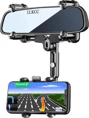Rearview Mirror Phone Holder for Car 360° Rotating and Retractable Multifunctional Rear View Phone Mount Upgraded Four Corners Fixed Anti-Shake Fit All Smartphones & Bigger Vehicle