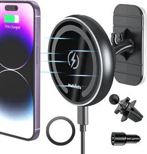 Magnetic Wireless Car Charger, Auto Alignment for Magsafe Car Mount Charger iPhone 12/13 Mini, Pro, Pro Max, Car Air Vent and Car Dashboard Phone Holder with 36W QC 3.0 Fast Car Charger (Black)