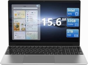 KurieTim Laptop Computer, 32GB DDR4 RAM, 1TB NVMe SSD, Intel N95 CPU(up to 3.4 GHz), 15.6" FHD IPS LCD 180° Hinge Screen, Mini HDMI, USB3.0x2, Long Battery Life, Windows 11 Home