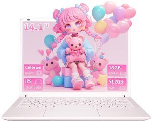 KurieTim Student Laptop Computer, 14.1" 2K FHD IPS Display, 4C/4T Intel Celeron N5105 Processor, 16GB RAM/ 512GB SSD, Windows 11 Laptop with Fingerprint Reader, Backlit KB, Type-C, Webcam Switch, Pink