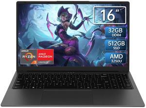 KurieTim 16" Laptop, AMD Ryzen 3250U(2C/4T, Up to 3.5GHz) Business and Student Laptop, 32GB RAM, 512GB SSD, Windows 11 Pro Laptop Computer, Dual-Band 5G WiFi, Fingerprint Unlock, Backlit Keyboard