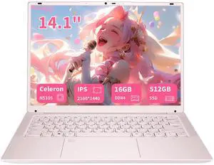 KurieTim Student Laptop Computer, 14.1" 2K FHD IPS Display, 4C/4T Intel Celeron N5105 Processor, 16GB RAM/ 512GB SSD, Windows 11 Laptop with Fingerprint Reader, Backlit KB, Type-C, Webcam Switch, Pink