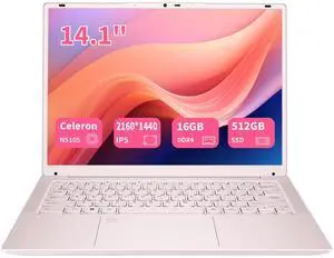 KurieTim Student Laptop Computer, 14.1" 2K FHD IPS Display, 4C/4T Intel Celeron N5105 Processor, 16GB RAM/ 512GB SSD, Windows 11 Laptop with Fingerprint Reader, Backlit KB, Type-C, Webcam Switch, Pink