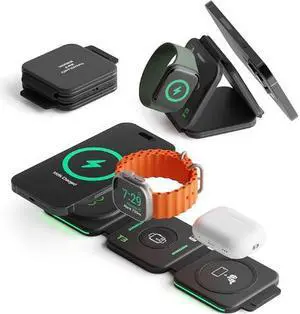 InfinaCore T3 Tri-Charge Wireless Charging Pad - 3-in-1 Charging Station Compatible with iPhone, AirPods & Watch - Fast Charging Up to 25W - Compact, Foldable, & Travel-Friendly
