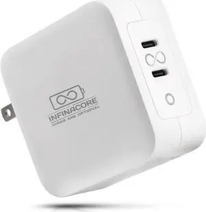 InfinaCore PowerPlug+ Advanced Wall Adapter - Rapid-Charging GaN II Technology, Dual USB-C Ports, 100W Max Output - Compact Design and Universal Compatibility
