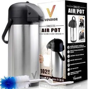 Vondior Airpot Coffee Dispenser with Pump - Insulated Stainless Steel 102 Oz Coffee Carafe - Thermal Beverage Dispenser - Thermos Urn for Hot/Cold Water, Party Chocolate Drinks