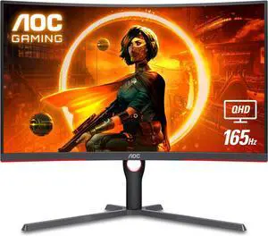 AOC CQ32G3SU 32" Curved Frameless Gaming Monitor, 2K QHD 2560x1440, 165Hz 1ms, AMD FreeSync Premium, Height Adjustable, 2X HDMI 2.0, 1x Display Port
