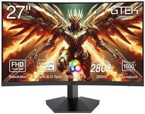 GTek 280Hz Gaming Monitor, 27 Inch Frameless Display Full HD 1920 x 1080P, Curved 1500R, VA 1ms MPRT, FreeSync, DisplayPort/HDMI, 90% DCI-P3 - F2740C