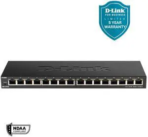 D-Link 16-Port Gigabit Unmanaged/Plug and Play Switch | Fanless| Slim Metal Compact | Desktop - (DGS-1016S)