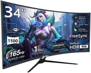 Sealan 34 Inch Curved Gaming Monitor 165Hz,3440x1440 21:9 UWQHD, 1ms(MPRT),1500R, PIP/PBP,HDR400, 99% sRGB,300nits, FreeSync, HDMI2.0(TMDS) x2,DP1.4 x2, Eye Care, VESA(100 * 100mm) Sealan 34 Inch Curved Gaming Monitor 165Hz,3440x1440 21:9 UWQHD, 1ms(MPRT),1500R, PIP/PBP,HDR400, 99% sRGB,300nits, FreeSync, HDMI2.0(TMDS) x2,DP1.4 x2, Eye Care, VESA(100 * 100mm)