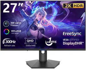 Sealan 27 inch Gaming Monitor 2KQHD 2560x1440, 300Hz,1ms, Height Adjustable,FreeSync, sRGB 99% Color Gamut, HDR10 with a 3-Side Virtually Borderless Design,2X HDMI 2.0,2X Display Port