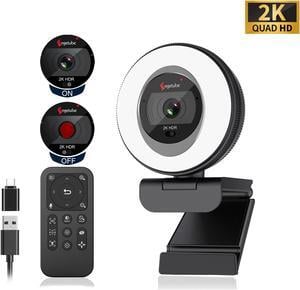 Angetube Webcam, 2K Streaming Webcam with Ring Light, HDR Laptop Camera with Remote, Dual Stereo Microphone and Privacy Cover, Auto Focus 5X Zoom in, Computer Camera for Zoom/Skype/Teams/Webex