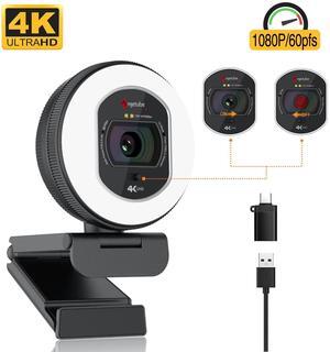 Angetube 4K Webcam with Light for PC: UHD 4K, TOF Auto Focus, Dual AI Noise-Cancelling Mics, 1080p@60FPS, USB Streaming Webcam w/Privacy Cover for Laptop/Mac/Desktop/PC Work w/Zoom/Teams/Google Meet