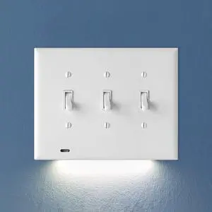SnapPower SwitchLight Cover [Triple-Gang] - Light Switch Wall Plate with Built-in LED Night Lights - Bright/Dim/Off Options - Auto On/Off Sensor - (Toggle, White)