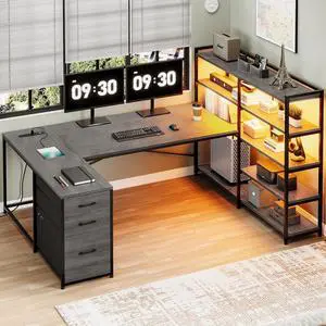 Corner Computer Desk, Reversible U Shaped Office Desk with 3 Fabric Drawers and Power Outlet, Corner Gaming Desk with LED Lights, Storage Shelves, Grey