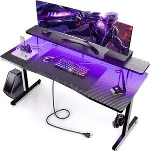 55 Inch Gaming Desk with LED Lights, Computer Gamer Desk with Monitor Stand, Ergonomic Carbon Fiber Surface Gaming Table with Mouse Pad for Home Office, RGB