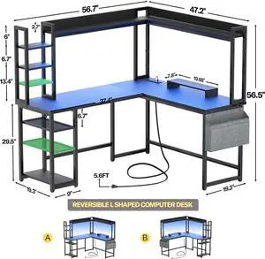 L Shaped Desk with Power Outlet, L Shaped Gaming Desk with Led Light & Hutch, Reversible Home Office Desk, Corner Computer Desk Writing Desk with Monitor Stand & Storage Shelves, Black