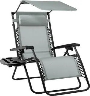 Folding Zero Gravity Outdoor Recliner Patio Lounge Chair w/Adjustable Canopy Shade, Headrest, Side Accessory Tray, Textilene Mesh - Stardew