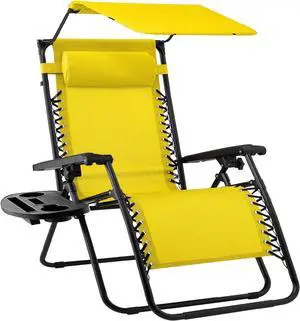 Folding Zero Gravity Outdoor Recliner Patio Lounge Chair w/Adjustable Canopy Shade, Headrest, Side Accessory Tray, Textilene Mesh - Sunflower Yellow