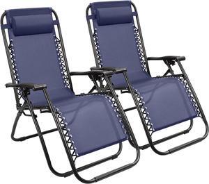 Patio Zero Gravity Chair Outdoor Folding Adjustable Reclining Chairs Pool Side Using Lawn Lounge Chair with Pillow Set of 2 (Dark Blue)