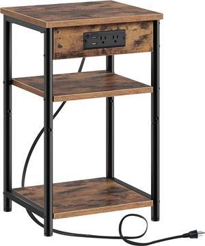 End Table with Charging Station, Night Stand with 3 Storage Shelves, Narrow Side Table with USB Ports & Power Outlets, Small Bedside Table for Living Room, Bedroom, Rustic Brown