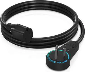 Maximm Cable 4 Feet 360° Rotating Flat Plug Extension Cord/Wire, 3 Prong Grounded Wire 16 Awg Power Cord - Black UL Certified