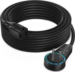 Maximm Cable 25 Feet 360° Rotating Flat Plug Extension Cord/Wire, 3 Prong Grounded Wire 16 Awg Power Cord - Black UL Certified