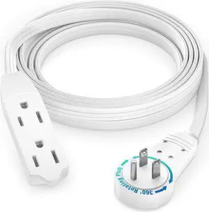 Maximm Cable 8 Ft 360° Rotating Flat Plug Extension Cord/Wire, 16 AWG Multi 3 Outlet Extension Wire, 3 Prong Grounded Wire - White - UL Certified