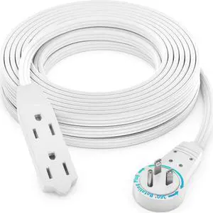 Maximm Cable 35 Ft 360° Rotating Flat Plug Extension Cord/Wire, 16 AWG Multi 3 Outlet Extension Wire, 3 Prong Grounded Wire - White - UL Certified
